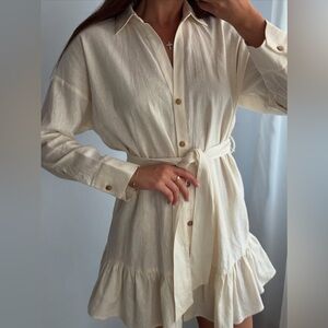 Zara Cream Long Sleeve Dress with Ruffle Hem Small
